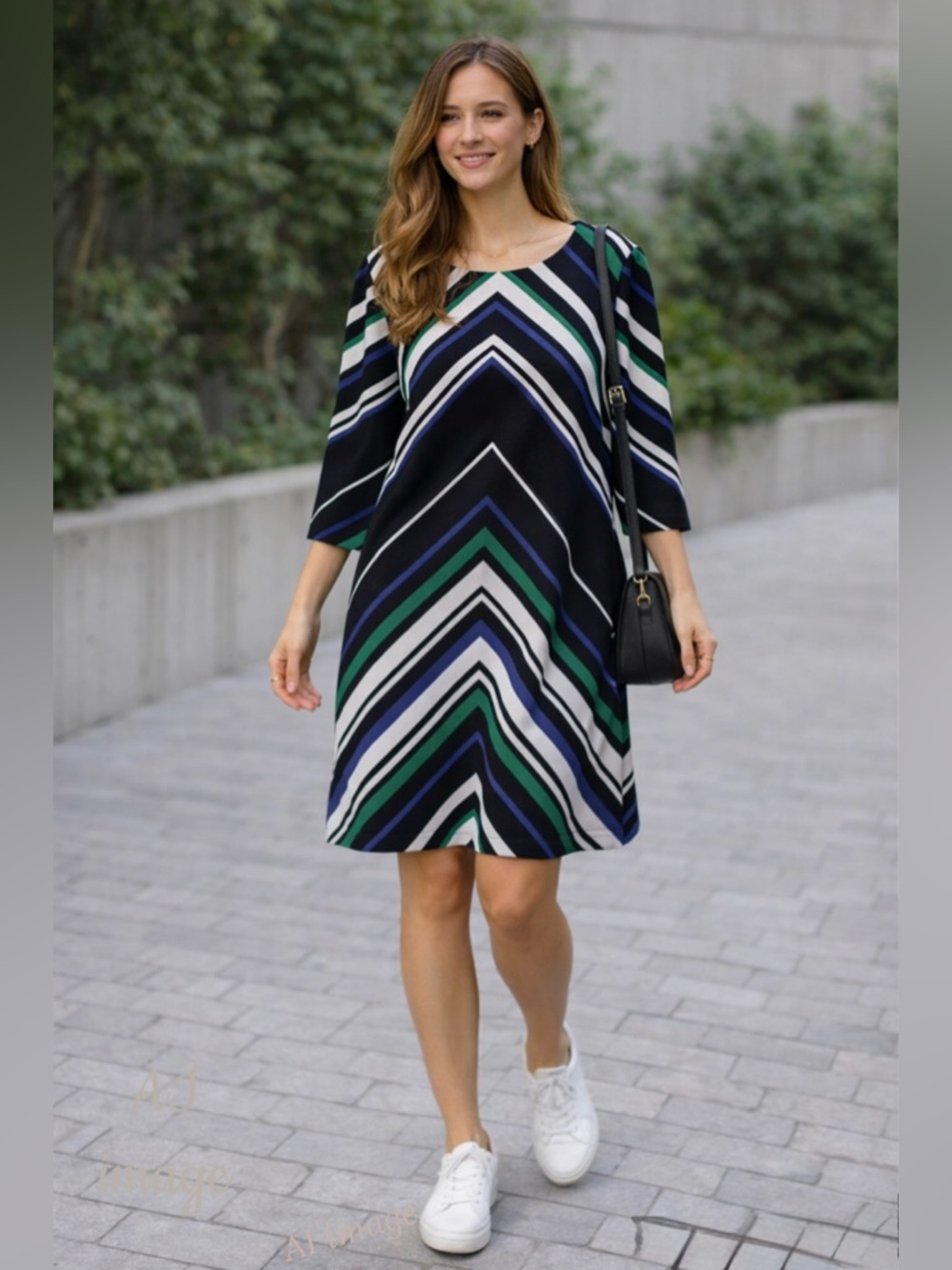 Chevron Stripe Knit Shift Dress XL Blue Green Graphic Knee Length